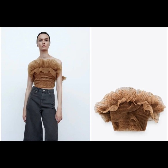 NWT Zara Nude Polka Dot Tulle Ruffle Top Size XS - Picture 3 of 11